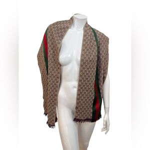 Gucci GG Monogram Green Red Web Wool Silk Scarf